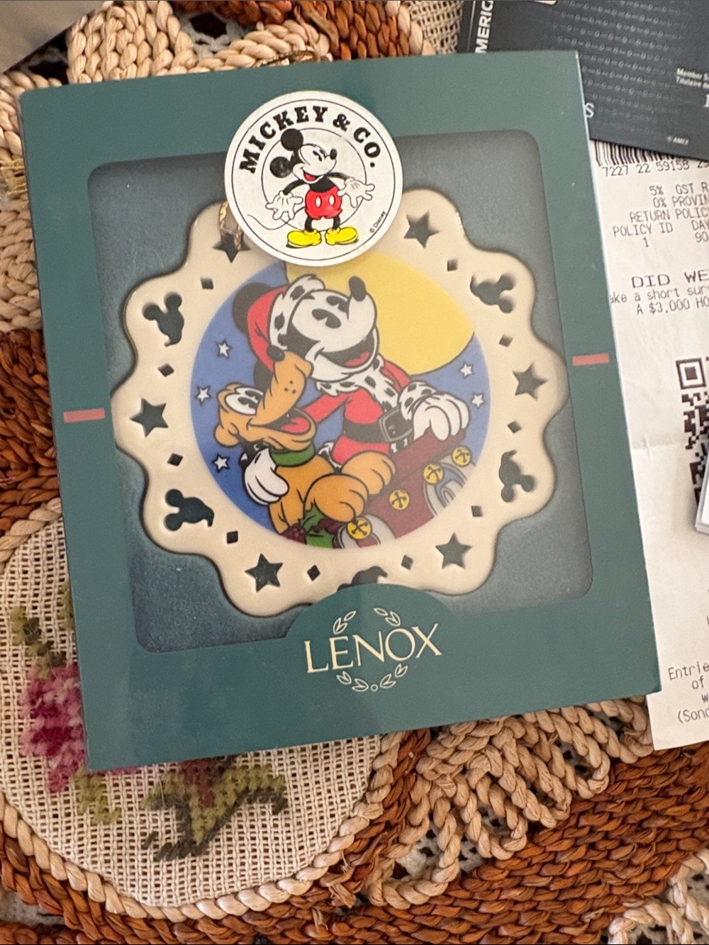 Lenox White Scalloped Ty Mickey & Pluto Holiday Ornament with Colorful centre. I